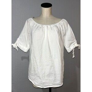 For Cynhtia Women’s NWT Peasant Blouse Top size L White Cotton Poplin Tie Sleeve